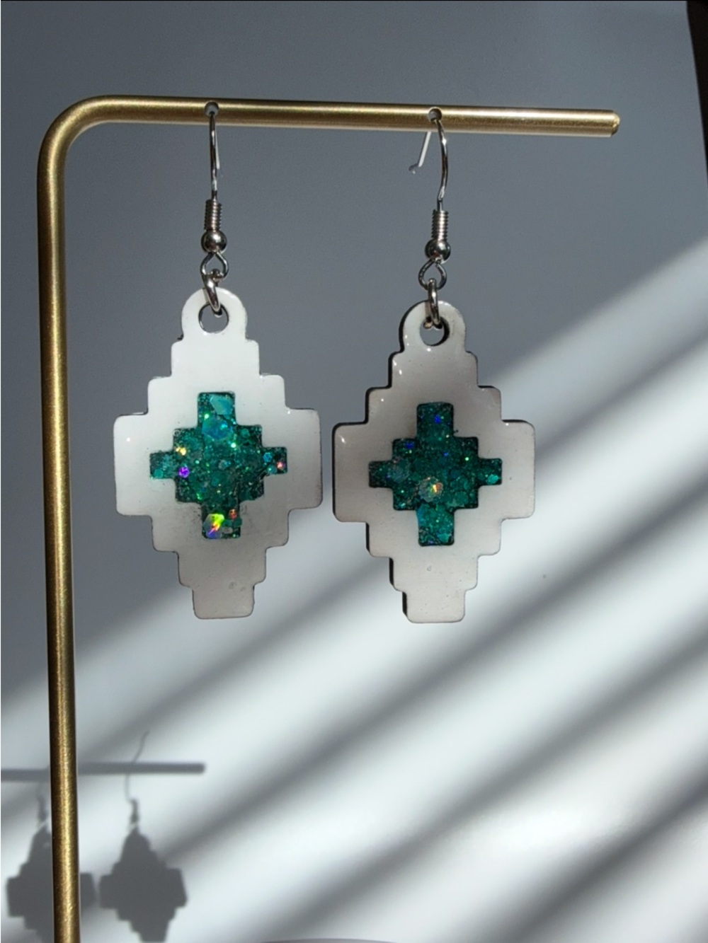 White and Teal Geometric Drop Earrings - Women Jewelry